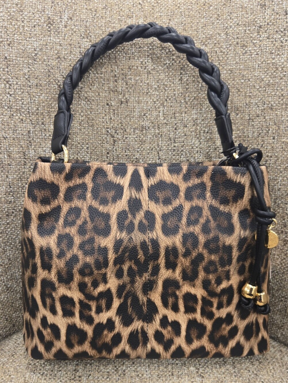 BCBGeneration Leopard Print Satchel in Brown and Black with Braided Handle